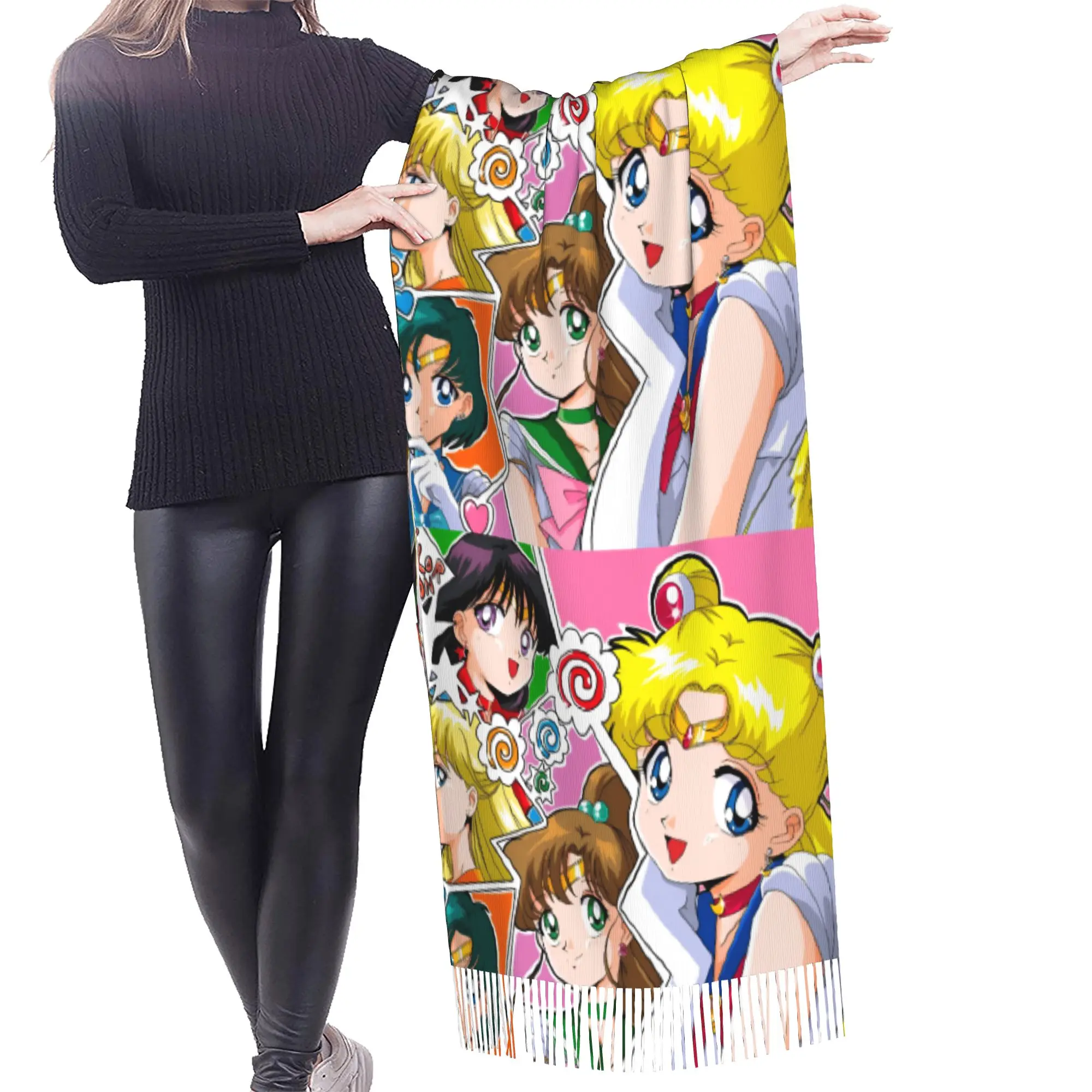 Custom Sailored Anime Mooned Scarf Wrap Women Long Winter Fall Warm Tassel Shawl Unisex Usagi Tsukino Scarves