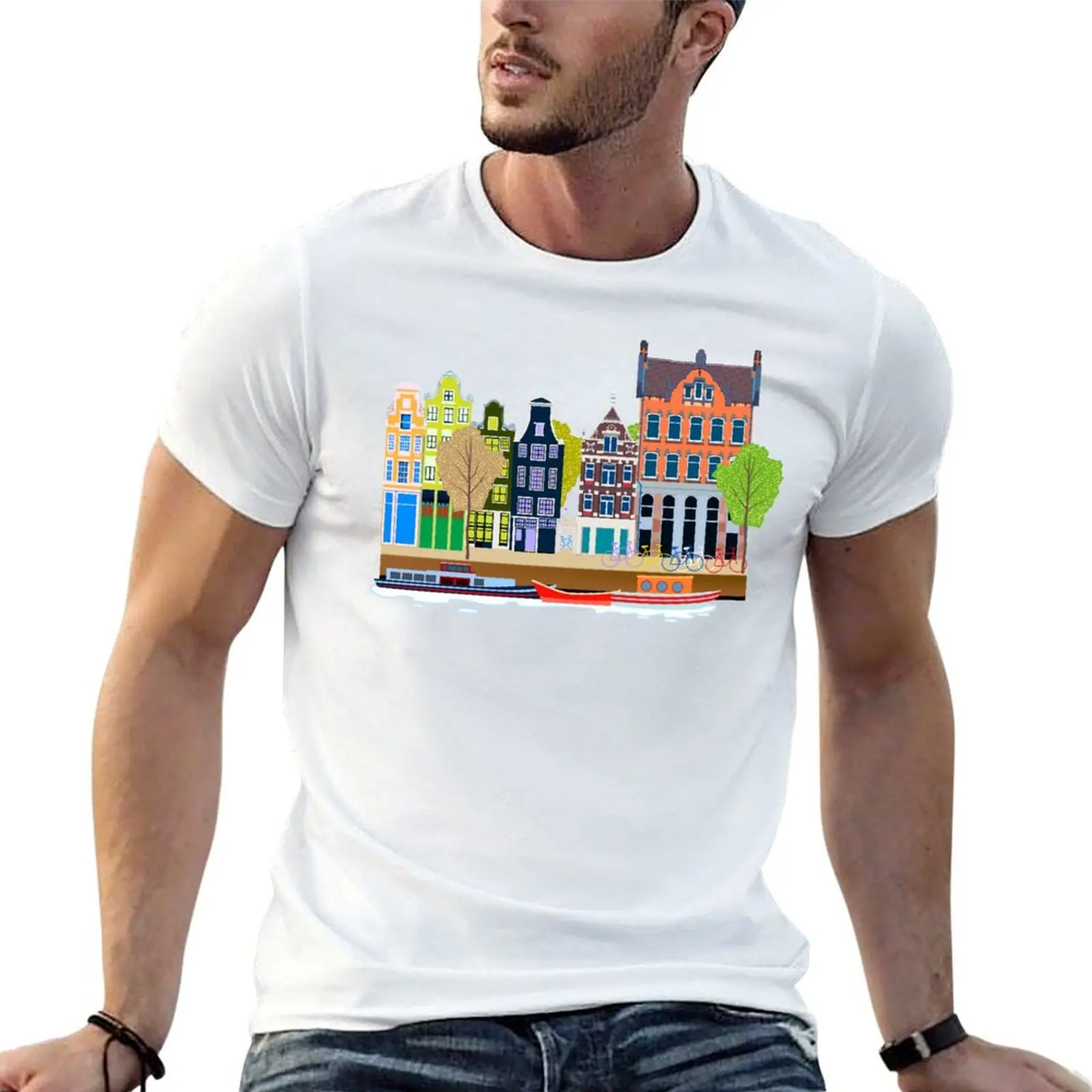 sticker, Amsterdam Grachtenhuizen,holland,nederland,netherlands,canal,grachtenhuizen,grachtenhuis,canal houses T-Shirt
