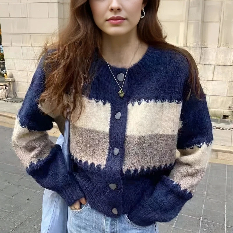 

Новый модный осенне-зимний женский кардиган контрастных цветов с длинным рукавом и круглым вырезом, модный элегантный маленький трикотажный топ