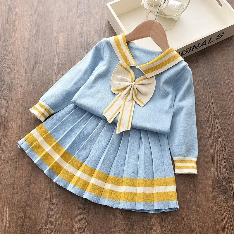 Menoea Girls Winter Clothes 2024 Baby Girl Cute Dress Long-Sleeve Knitted Pullover + Dress Bow Tie 2pcs Children Knitwear Suit