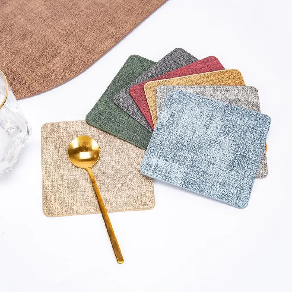 10CM Square Cloth Texture Leather Coaster, Creative Simple Style Waterproof Heat Insulation Design, Anti-Slip Protection Pad