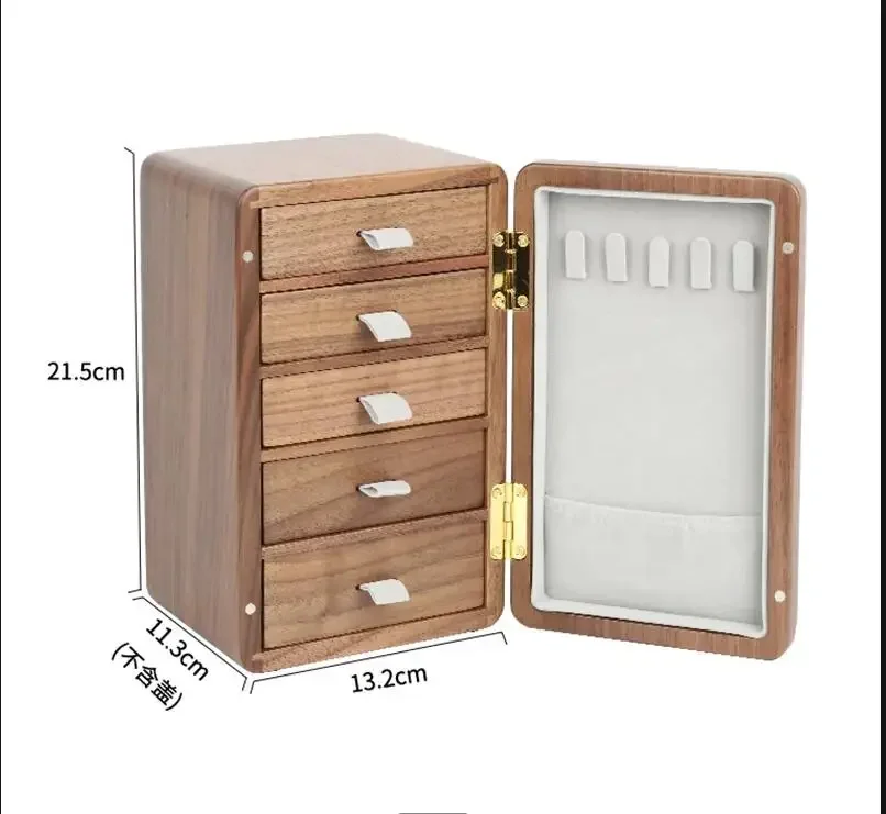 Walnut Jewelry Box 5-layer Wooden Storage Refrigerator-shaped Drawer Organizer Brass Handle Tray