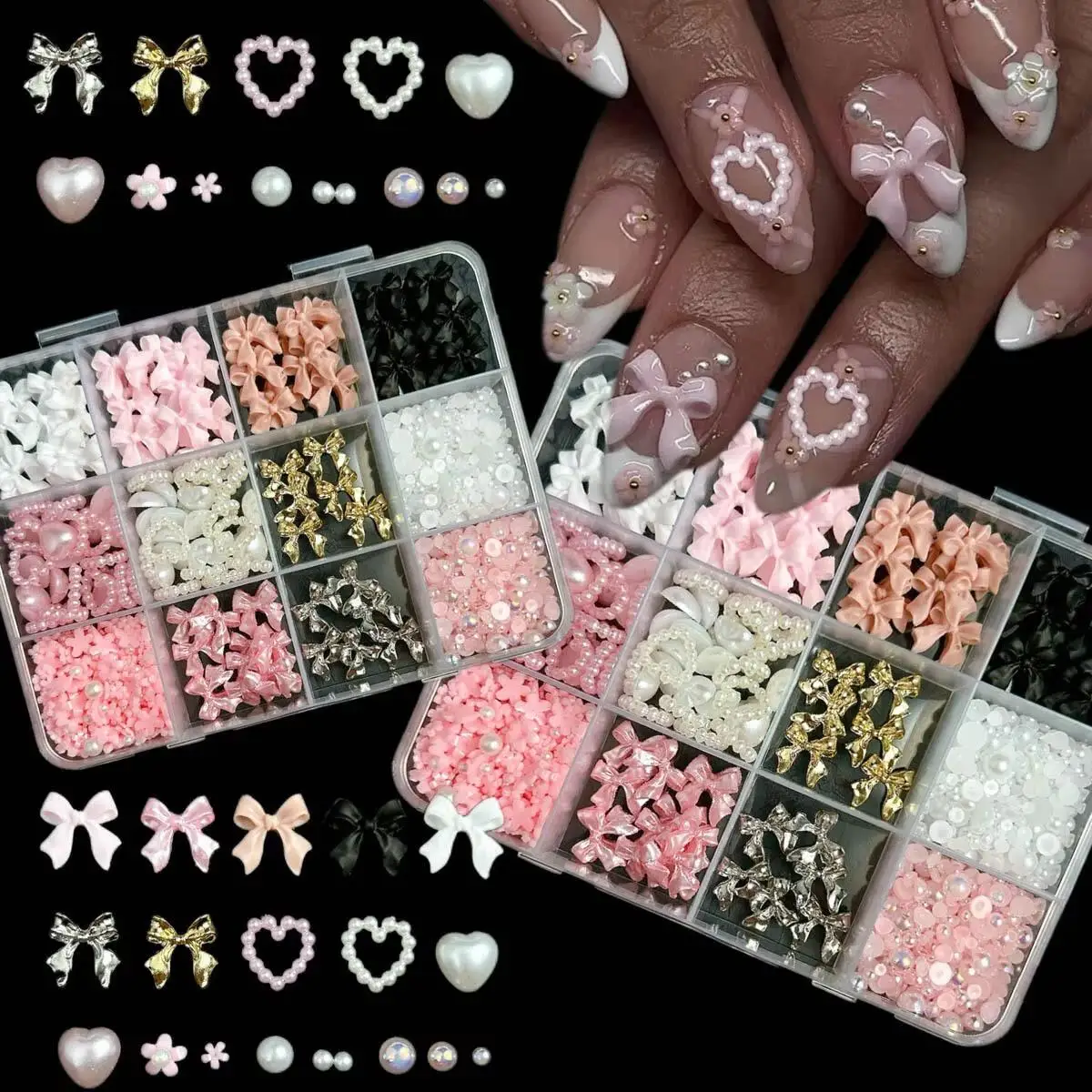 6Grids 3D Multi-Color Resin Bowknot/Flower Nail Charms Pearl Heart,Alloy Ribbon Nail Art Decorations for DIY Manicure Accessorie
