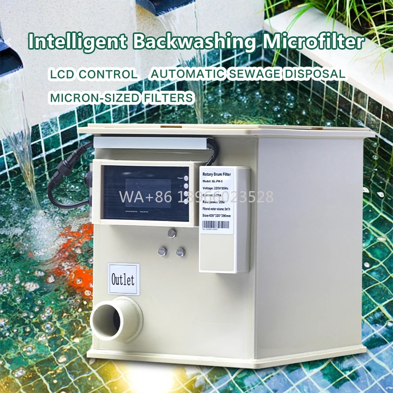 

Барабанный фильтр, 5000 литров, фильтр для рыбного пруда, 5 м3/ч, вращающийся барабанный фильтр для домашнего использования, аквариумный пруд кои, мини-автоматический роторный