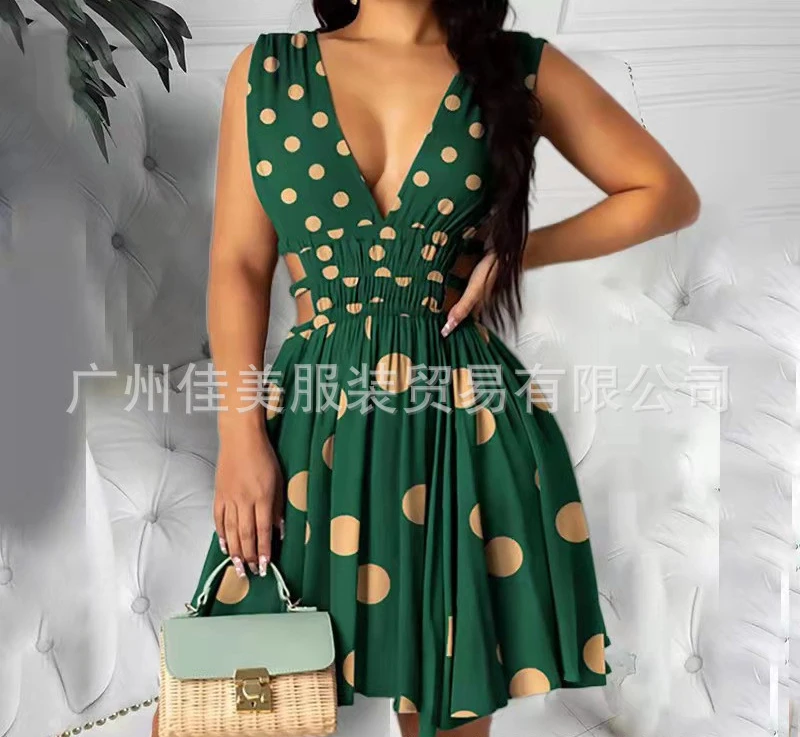 

Womens Dresses 2024 Summer New Sexy Green Wave Dot Flare Dress Sleeveless Mini Casual Fashion Bodycon Dress