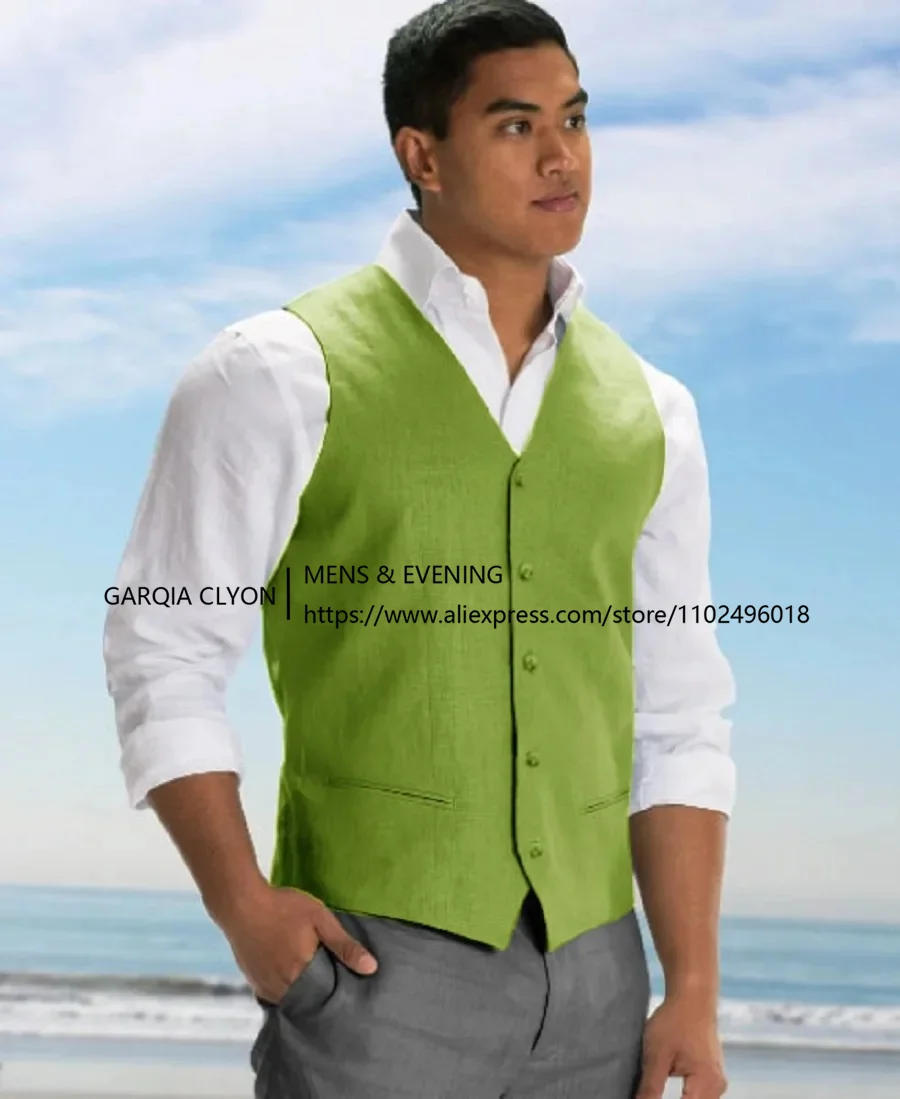 Men's Vest Linen Suit Work Wear Vests For Men V-Neck Solid Single Breasted Male Gilet Formal Working Comfort Stretch Slim Fit