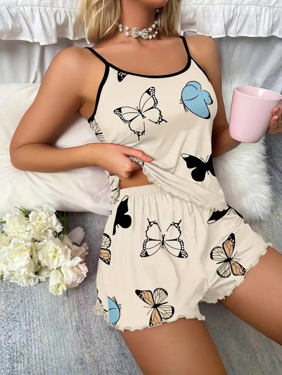 

Butterfly Print Pajama Set Women Sleepwear With Lettuce Trim Suspender Top And Elastic Waist Shorts