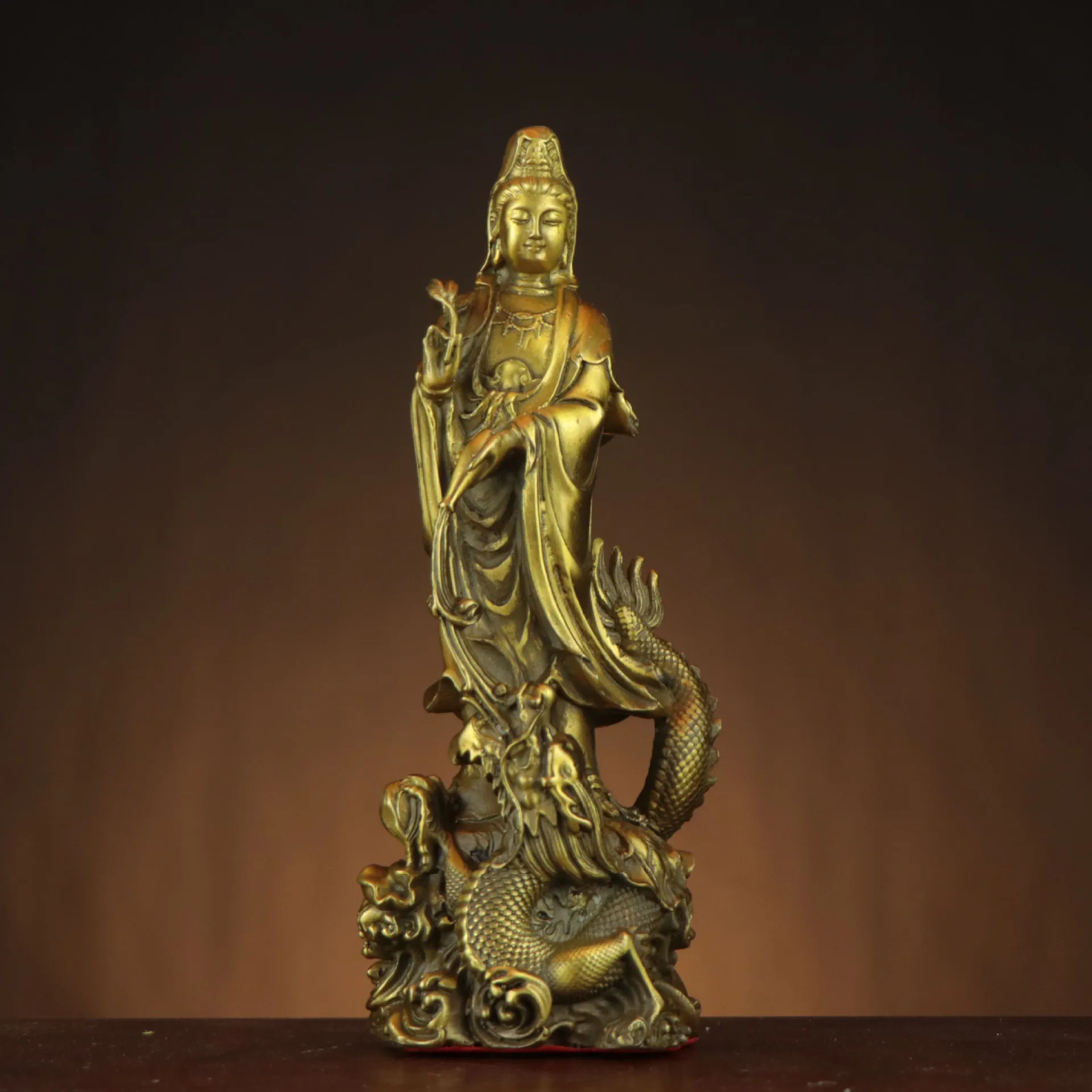 Vintage Brass Imperial Dragon Guanyin Buddha Statue Home Deity Ornament