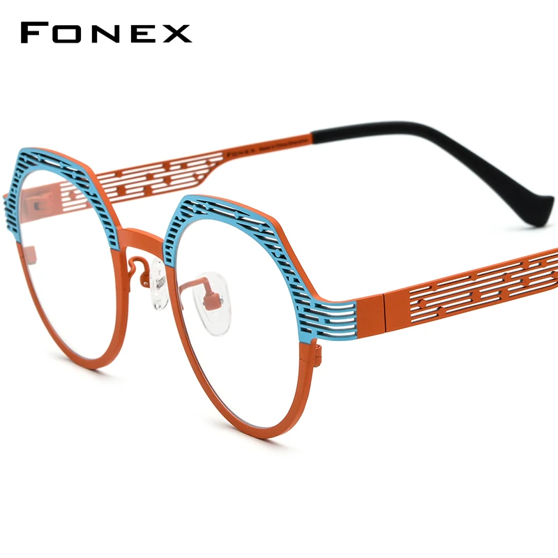 FONEX Titanium Glasses Frame Women Colorful Hollow Out Polygon Eyeglasses 2024 Men Eyewear F85815