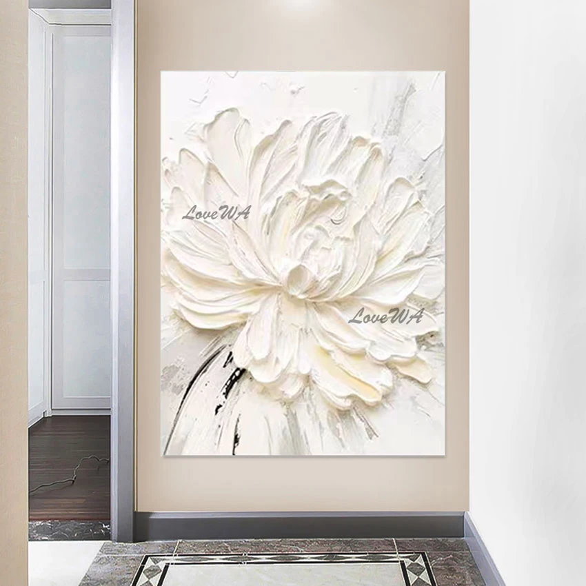 

3d Flowers Picture Wall Decor Palette Knife Canvas Art Design Hand Drawing Frameless Abstract White Thick Acrylic Painting