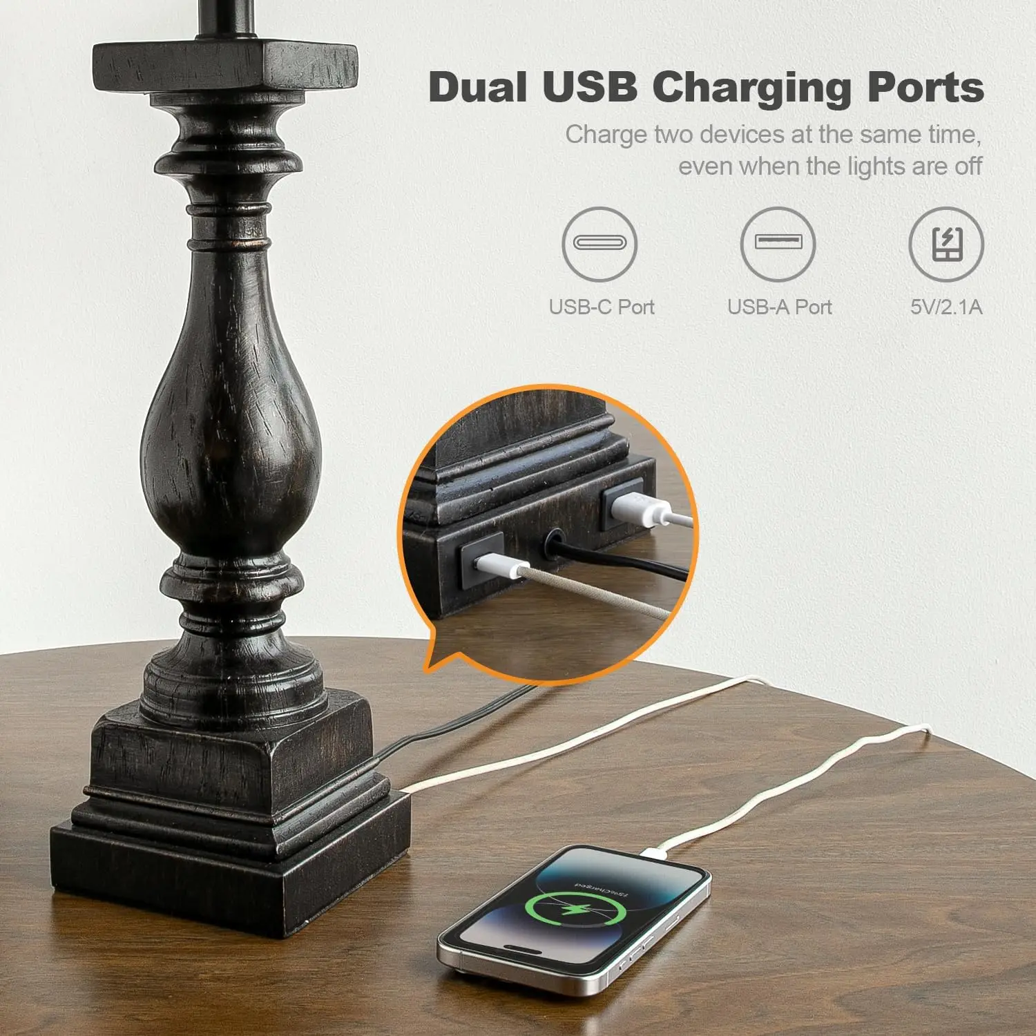 27" Bauernhaus-Tischlampe, 2er-Set mit USB-A+C-Aufladung für Schlafzimmer, Wohnzimmer, rustikale Vintage-Nachttischlampen