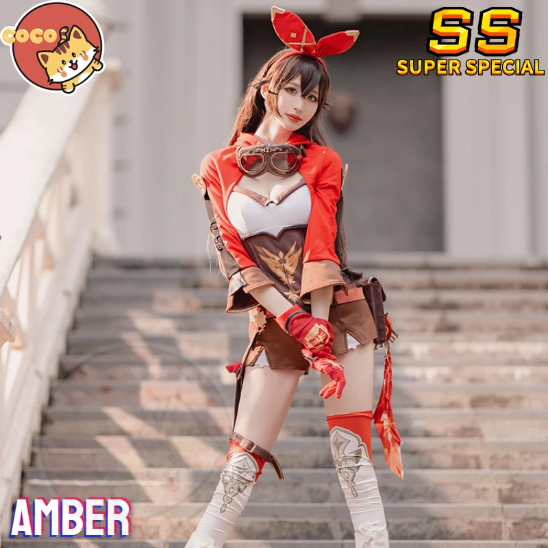 Genshin Impact Amber Cosplay Costume Game Amber Cosplay Costume Women Red Comtume and Cosplay Wig CoCos-SS