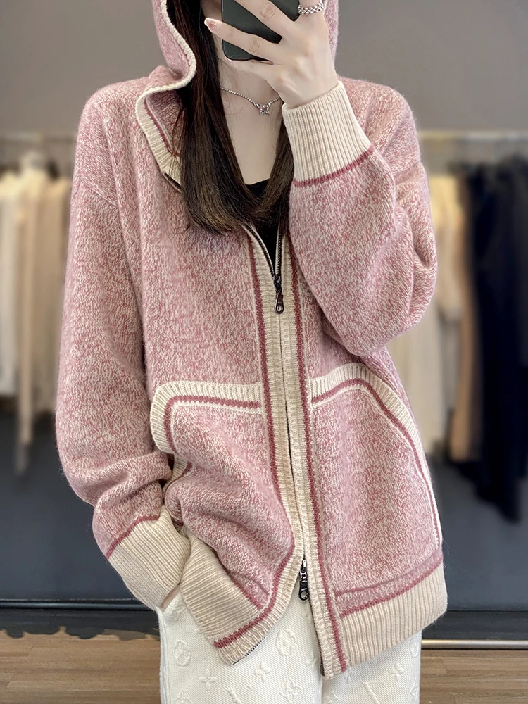 Autumn Winter New Cashmere Zipper Cardigan Women\'s Hooded Knit Coat Fashion Match Color Thicken Jacket Loose Large Size Hoodie