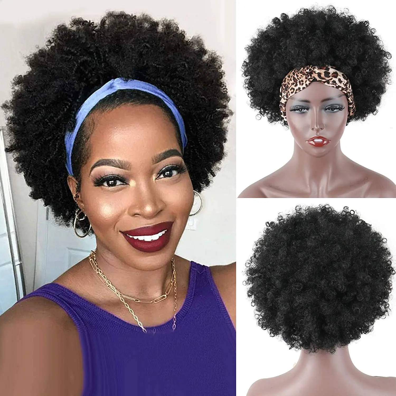 

Afro Headband Synthetic Wig 10inch Short Kinky Curly Wigs for Black Women Glueless Wig with Headbands Free Attached Daily Use