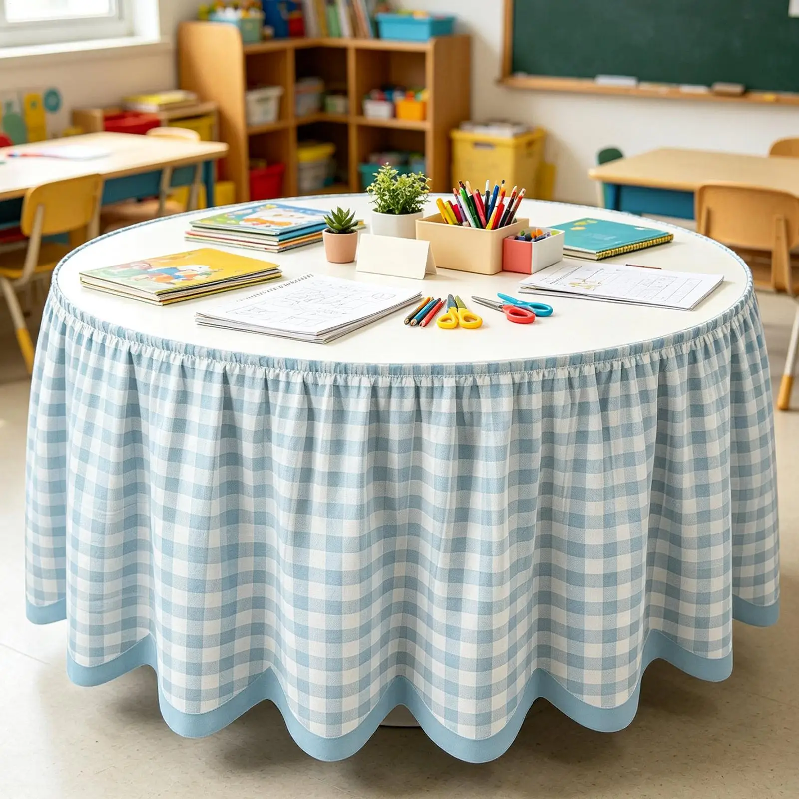 6FT Teacher Desk Skirt Ruffled Checkered Tablecloth Cover Classroom Decor Back to School Supplies for Office Party Setup