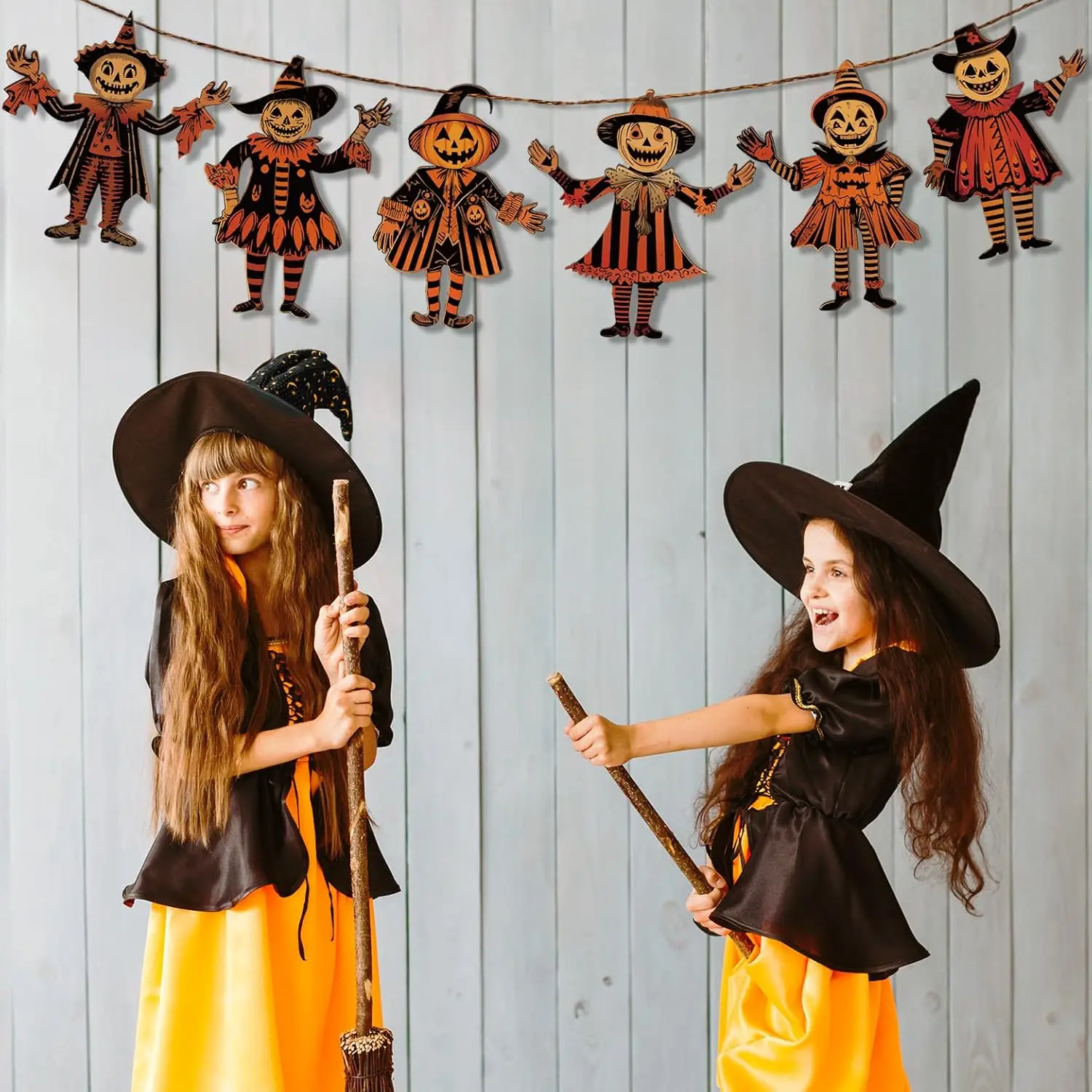 Vintage houten Halloween-bannerset - 6-delige handgemaakte vlaggenlijn met pompoen- en heksontwerpen, rustieke hangende wanddecoratie voor thuis