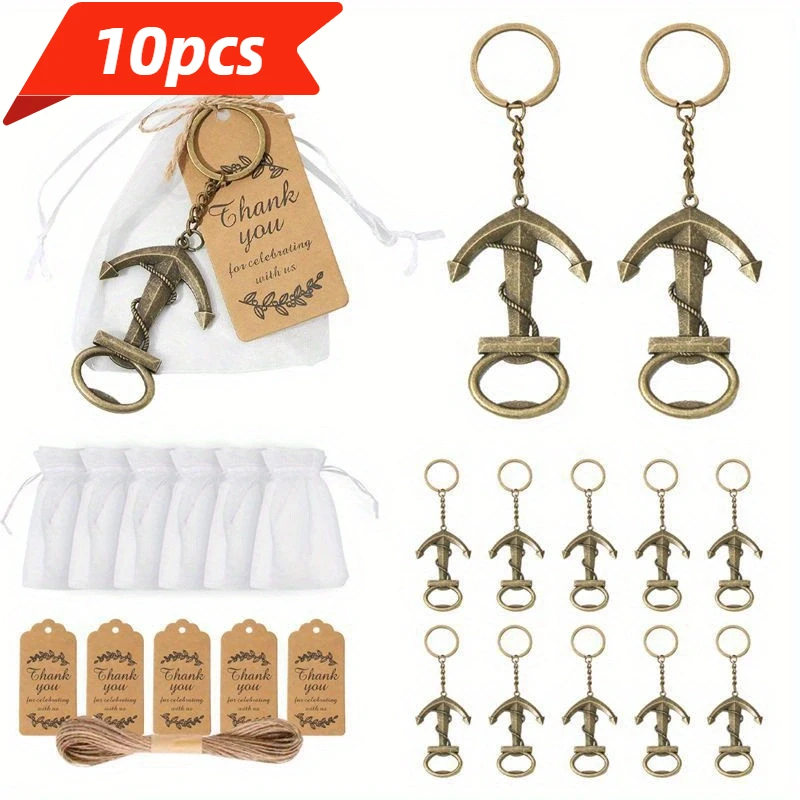 10pcs Baby Shower Bottle Opener, Anchor Keychain Metal Beer Opener With Organza Bags Tags And Strings