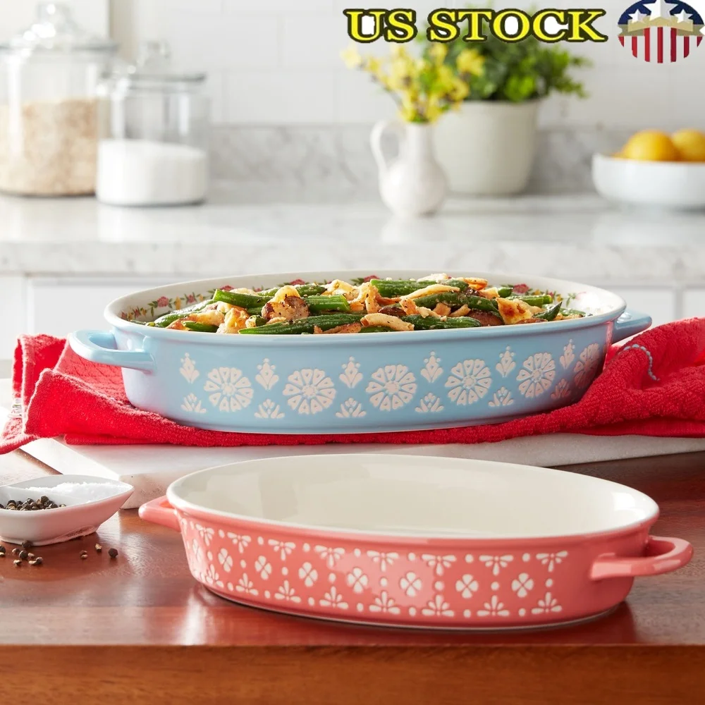 Sweet Romance Juego de platos para hornear de cerámica ovalados de colores surtidos, panadero de gres de 2 piezas, horno microondas duradero, centro de mesa seguro para servidor