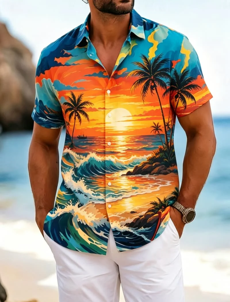 

Men's Vibrant Beach Print Short Sleeve Shirt, Bold Tropical Design for Summer Parties, Beach Events, Vacation & Daily Outfits