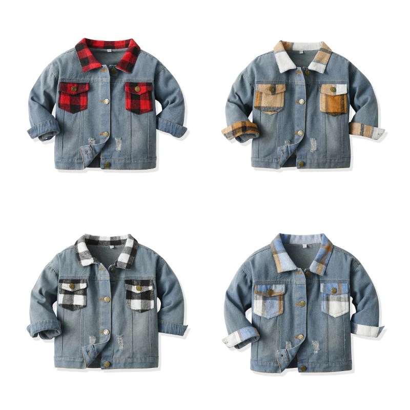 

2024 Clothes for Boys and Girls New Children's Denim Coat Plaid Short Top Trendy Short Jacket Denim Matching Autumn