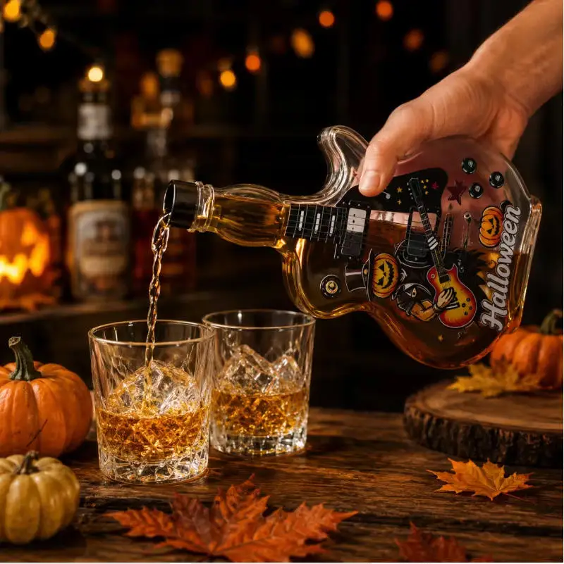 Halloween Whiskey Decanter Guitar Shaped Punk Rock Pumpkin Print Lead Free Crystal Liquor Bottle Retro Home Bar Gift