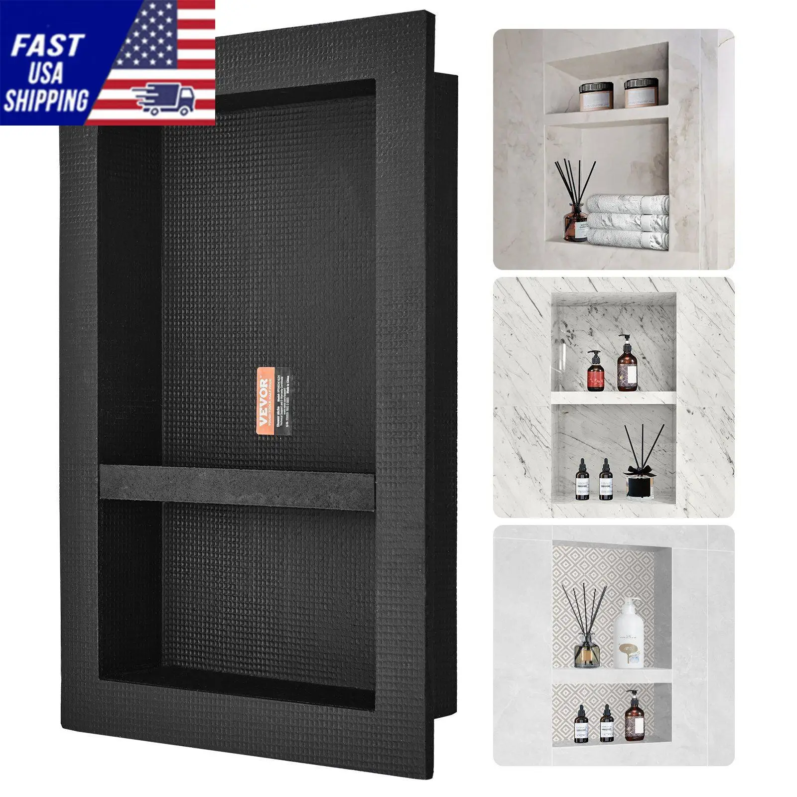 دش مناسب للبلاط مقاس 16 × 24 بوصة، منظم رف مزدوج، زوايا مربعة مدمجة على الحائط، حماية مختومة