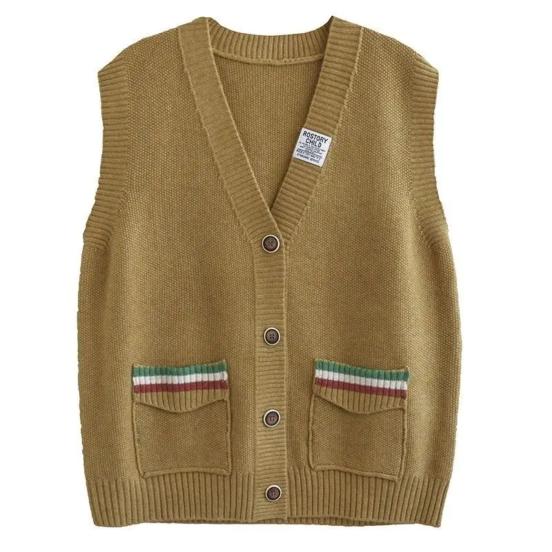 Minimalist Commute Autumn New Sweater Vests Women\'s V-neck Patchwork Pockets Contrast Color Button Loose Sleeveless Knitted Tops