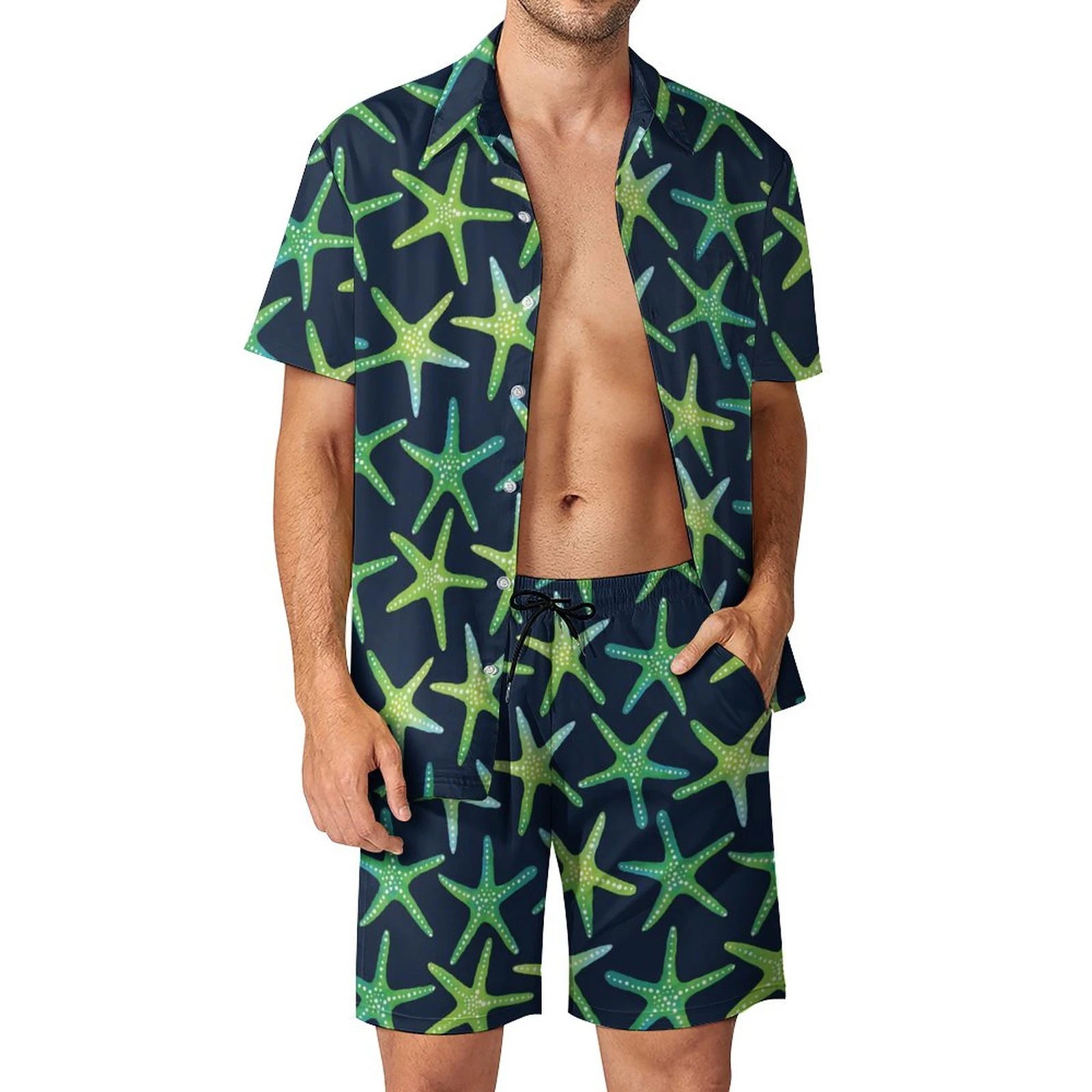 Conjuntos de camisa con estampado 3D de estrella de mar para hombre, camisa de manga corta, pantalones cortos de playa de gran tamaño, ropa de calle, trajes hawaianos, ropa de verano