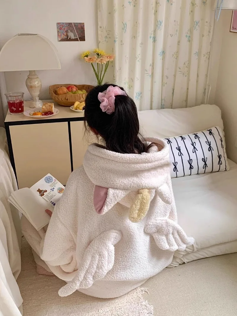 Korean Chic Hooded Coral Fleece Nightgown Women Sweet Baggy Warm Sleepwear Thicken Fashion Home All-match Kawaii Bathrobe Winter