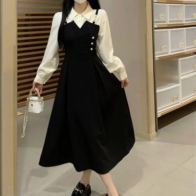 

Spring Autumn New Turn-down Collar Long Sleeve Midi Dress Women High Street Fake Two Pieces Dresses Button Patchwork Vestidos