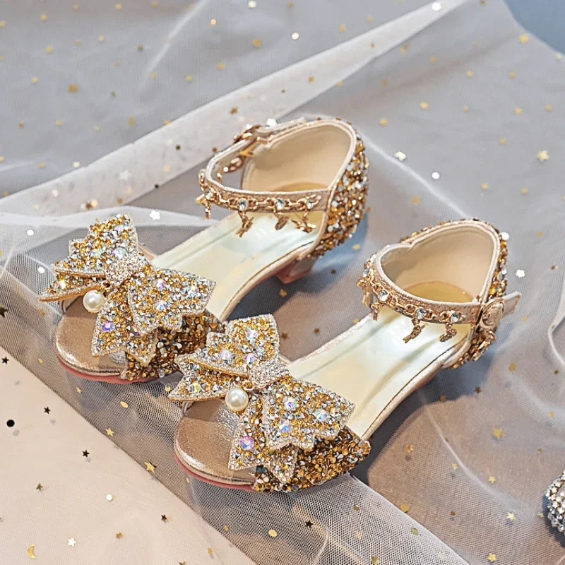 

Summer New Children's Sandals Fashion Bow Girls Crystal Princess Shoes Student Kid's Performance High Heel Sandals 3-12T