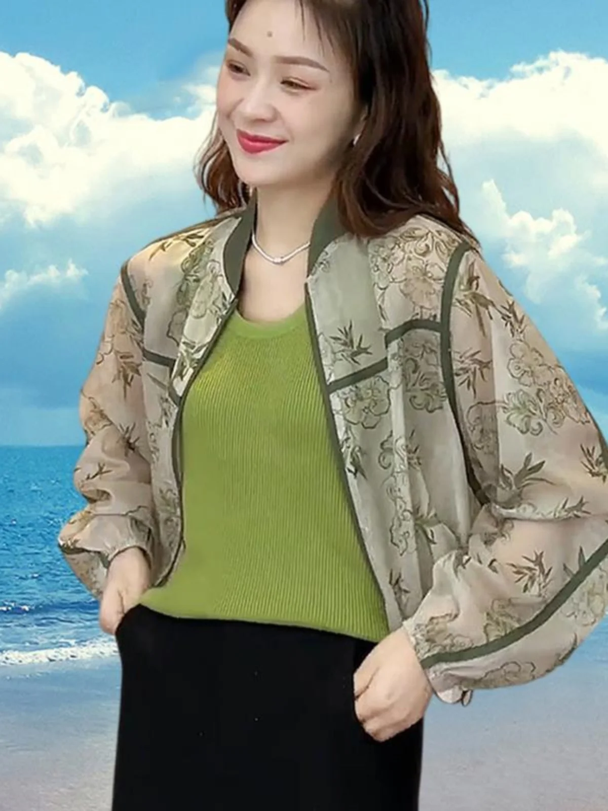 

New Chinese Style Women's Ice Silk Sun Protection Shirt Summer Lightweight Breathable Short Printed Outerwear Casual Shirt