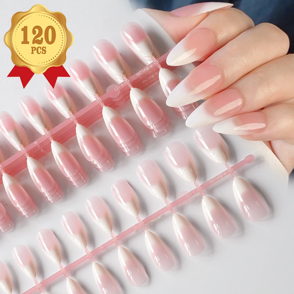 120 pièces nu rose dégradé presse sur ongles Ultra-tendre amande Gel faux ongles Simple couverture complète rose blanc français faux ongles conseils #