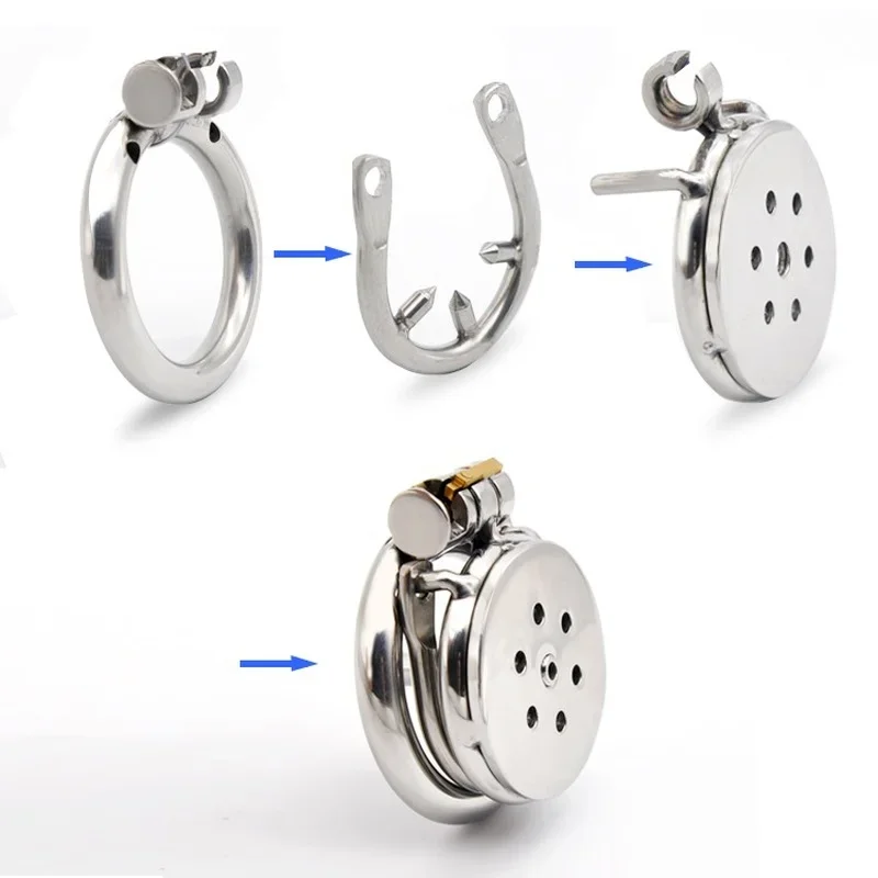 Super Short Metal Chastity Device with Big / Small Plate Cage Urethral Tube Spiked Ring Penis Ring Chastity Belt Sex Toy for Men