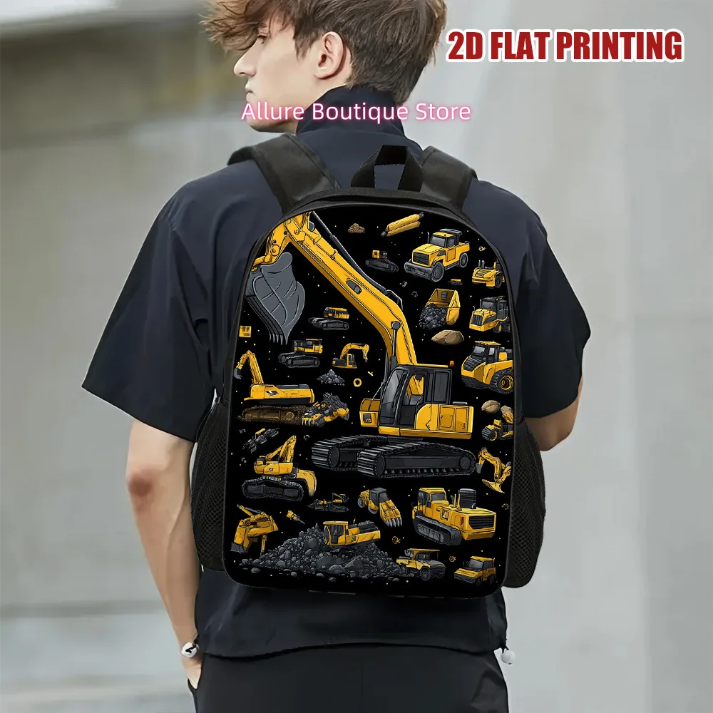 A Stylish 2D Flat-Printed Backpack Featuring Construction Vehicle Illustrations, Ideal for Travel And Everyday Use., for Teenage