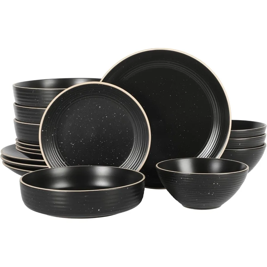 

Dinah 16-Piece Matte Black Stoneware Dinnerware Set Double Bowl Embossed Speckled Design Durable Kitchen Dinner Set