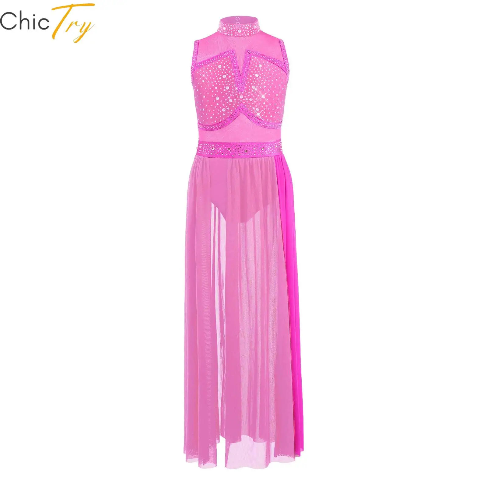 

Kids Girls Lyrical Dance Dress Sleeveless Cutout Back Rhinestone Maxi Dress for Performance Competition Stage Recital Outfit