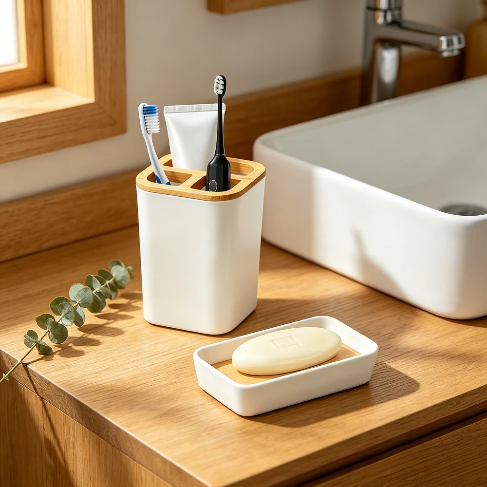 Modern Bath Organizer Toothbrush Holder, Soap Dish,Countertop for Bathroom, Kitchen Sink Bathroom Accessories
