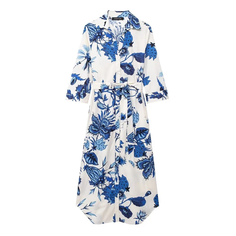 Women's Dress 2024 New Fashion Summer Floral Printed Shirt Dresses for Women Elegant Chic Ladies Midi Dress