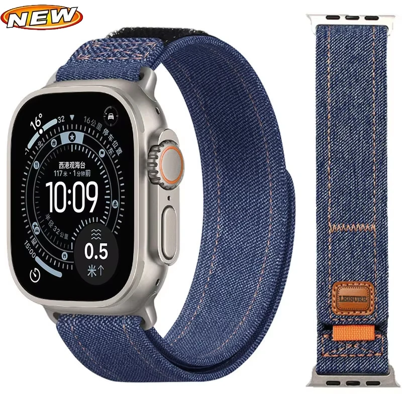 Nylon Loop Strap For Apple Watch Ultra 3/2 49mm 45/41mm 42mm 46mm 44mm Denim Canvas Adjustable Wristband iWatch 11 10 9 8 7 6 SE