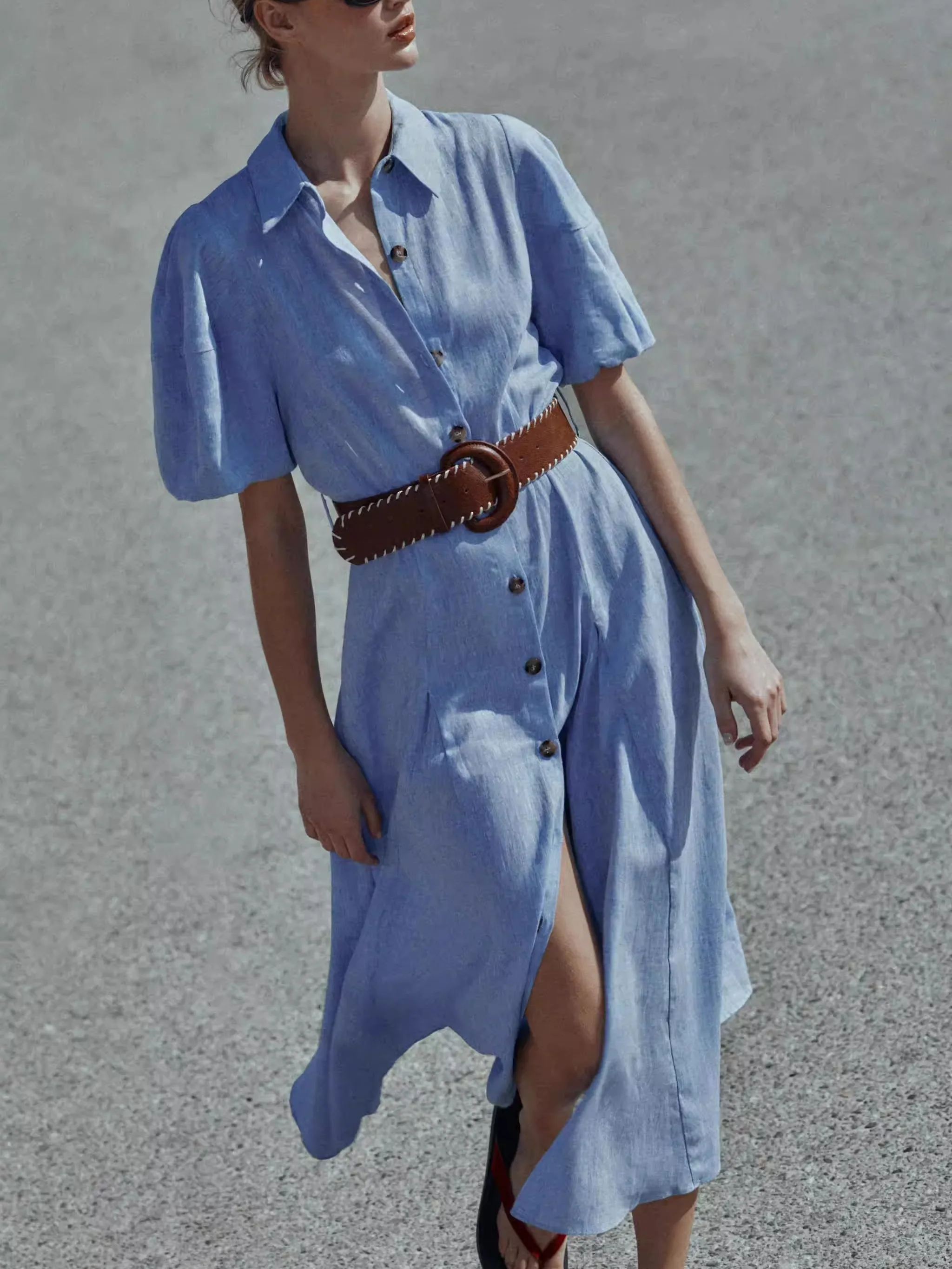 

Elegant Bubble Sleeve Stand Collar Dress with Belt New Summer Collection Women's Fashionable Charming Gown Stage Costume