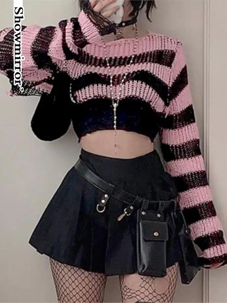 gothic Y2k Girl Crop Sweater cover Black Pink Striped  pullover Long Sleeve Smock Pullovers Kawaii Women Knit Tops clothes