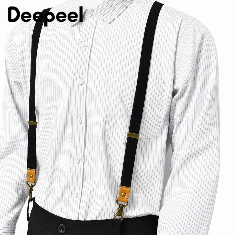 1Pc 2*110cm Vintage Men's Suspenders Y-Type 3 Clips Sanp Hook for Suit Trousers Adjustable Shoulder Strap Leather Rivet Buckles