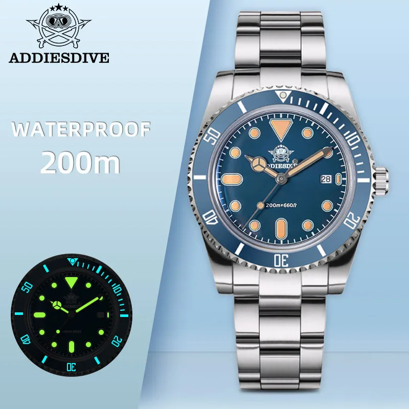 ADDIESDIVE NEW 39MM Men reloj hombre luxury Watch BGW9 Blue Luminous AD2501 316L Stainless Steel 20Bar Diving Quartz Watches