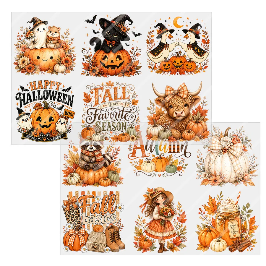 2pcs Fall Pumpkin Floral Halloween Thanksgiving DIY UV DTF Transfer Sticker Tumbler Glass Cup Can Wrap Coffee Mug Card Decor