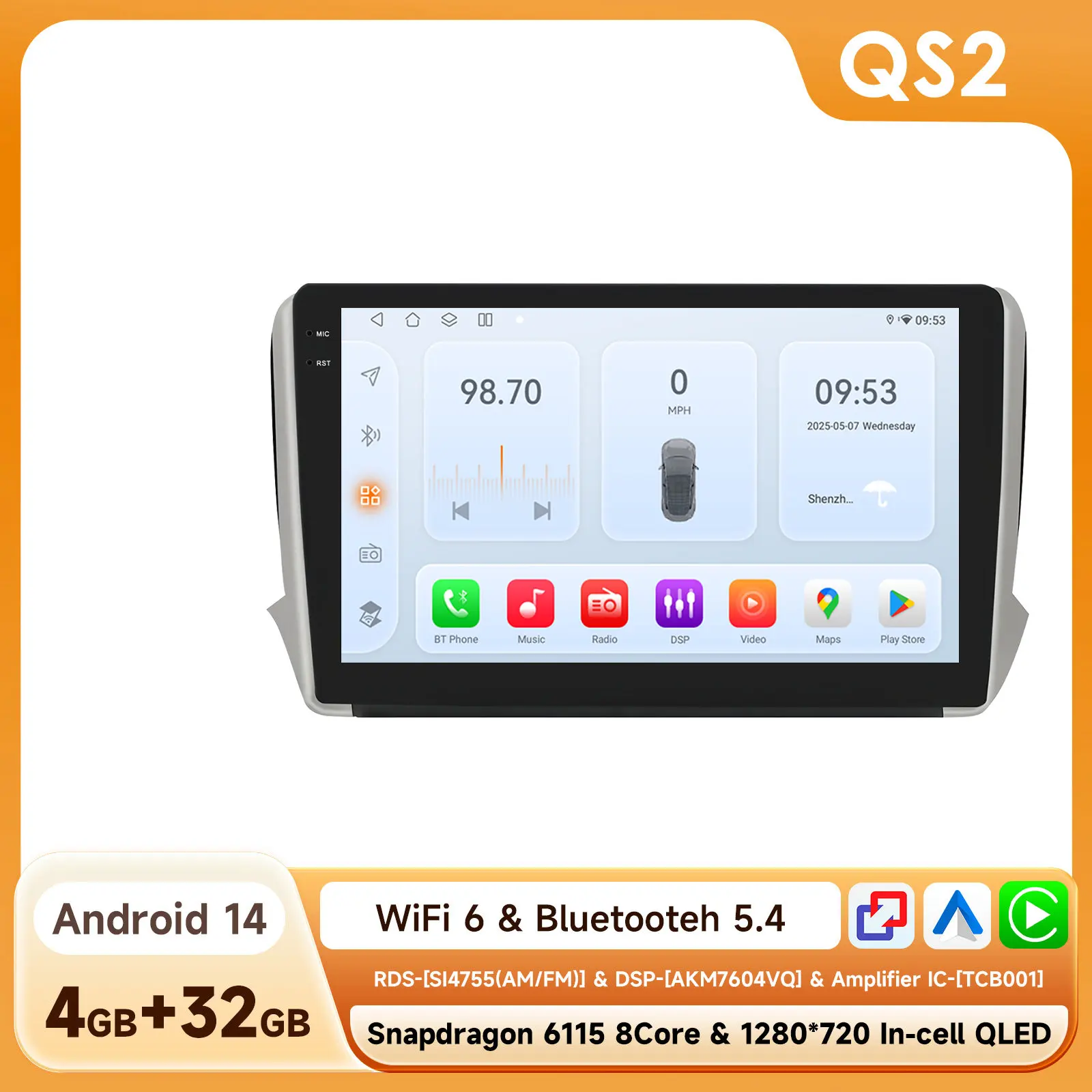 OSSURET Android Autoradio GPS Speler voor Peugeot 208 2008 CC 2012-2018 Carplay Auto GPS 2 DIN Auto Multimedia door Snapdragon 6115