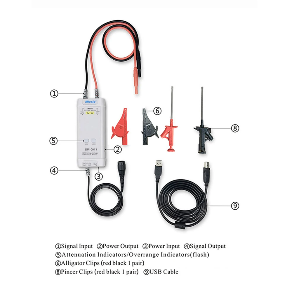 High Voltage Differential Probe Kit, Micsig Oscilloscope, 1300V, 100MHz, 3.5ns Rise Time 50X/500X Attenuation Rate, DP10013, New