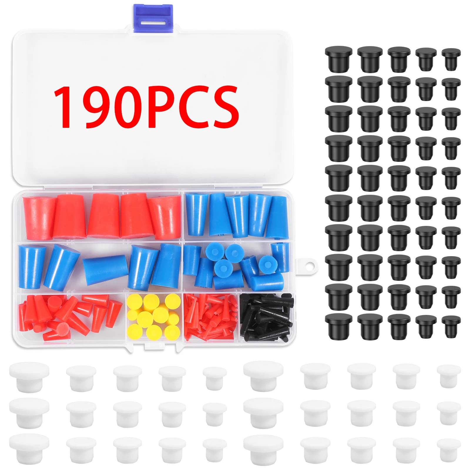 190pcs Silicone Rubber Plug Assortment Set For Hole Plugs Sealing Tapered Stopper Plug Conical Powder Coating HighTemp Resistant