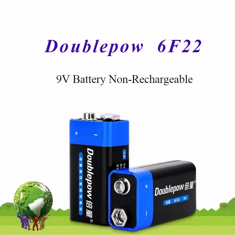 Doublepow 9V Battery (6F22) Alkaline for Remote Control, Wireless Mic, Multimeter, Smoke Alarm, Toys - Non-Rechargeable