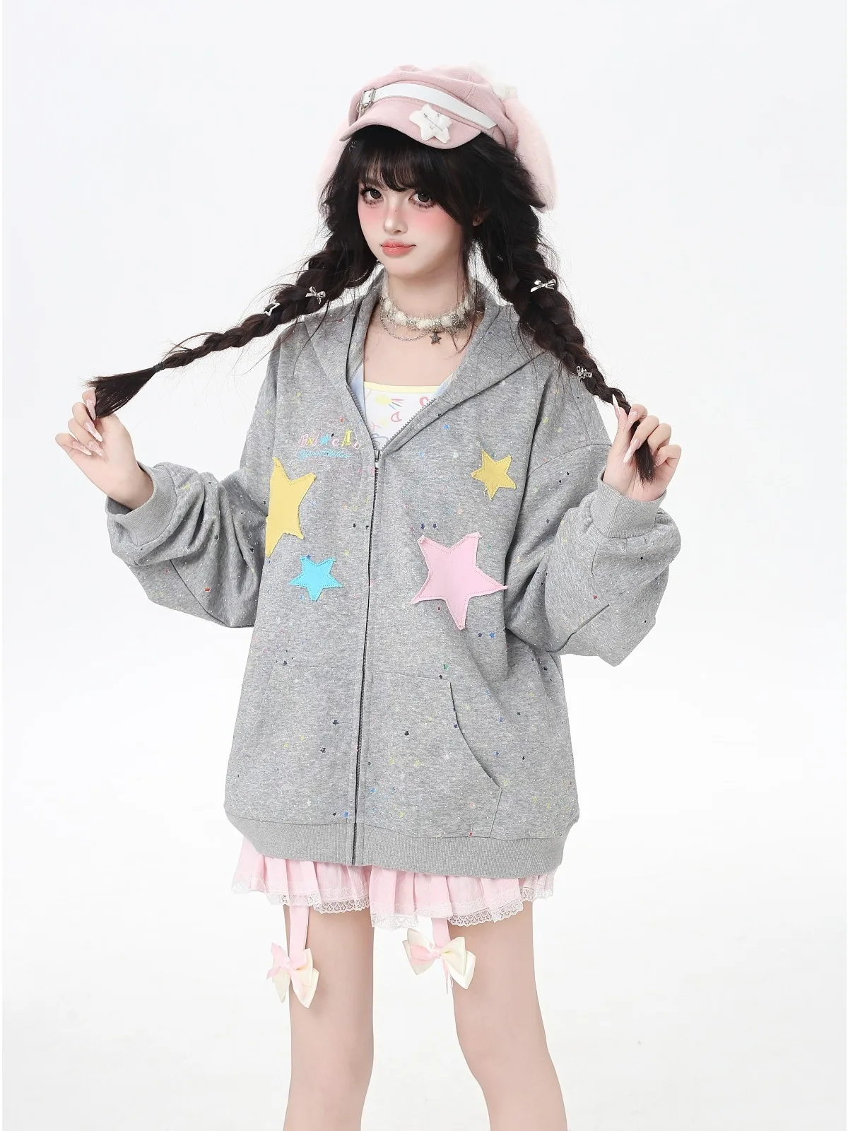 Sweet Preppy Style Subculture Oversized Hoodies Star Sequins Long Sleeve Zipper Loose Casual Versatile Sweatshirts Tops Women